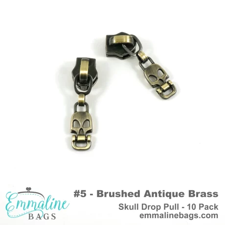 Emmaline Zipper Sliders with Pulls - *SIZE#5* (10 Pack) - Skull - Antique Brass